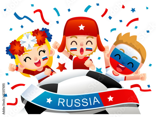 Vector illustration of Russia football fans characters celebrating