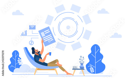 Downshifting escaping office people working with notebook sitting relaxed. Man working online a happy mood with a Cup of coffee. Vector flat illustration