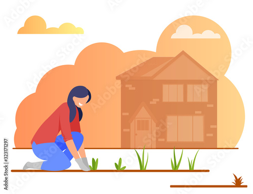Young Woman Farmer in Gloves Planting Flowers or Plants in Garden Bed. Botanist Caring of Houseplant, Grow Herbs. Planter Hobby. Girl Care for Sprouts on Farm or Ranch Cartoon Flat Vector Illustration