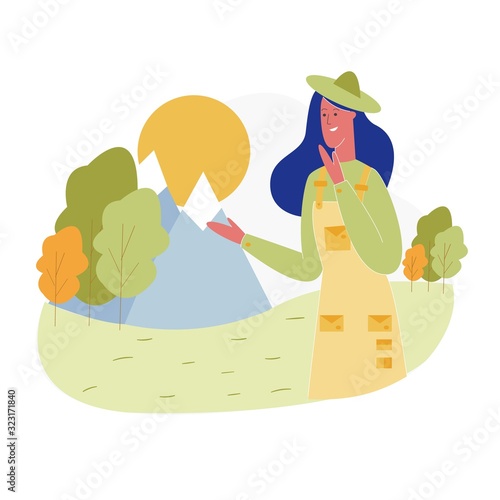 Young Woman Spend Time Outdoors Admire Beautiful Nature Landscape with Trees and Mountains. Summer Vacation, Camping, Hiking Hobby, Active Lifestyle, Recreation Area. Cartoon Flat Vector Illustration