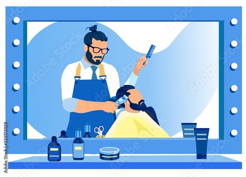 Stylish Hipster Barber Trimming Customers Temples in front of Mirror in Barbershop, Men Hairdressing Salon, Fashioned Grooming Place, Professional Beauty Club, Style. Cartoon Flat Vector Illustration