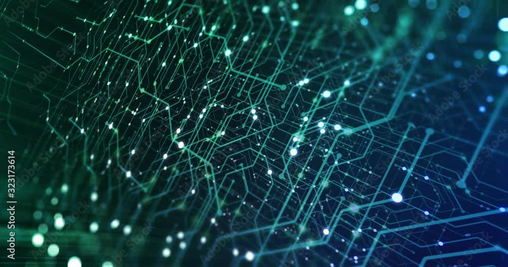 Abstract tech background made of printed circuit board. Depth of field effect and bokeh. internet connections, cloud computing and neural network, big data. 3D render, 4K seamless loop	