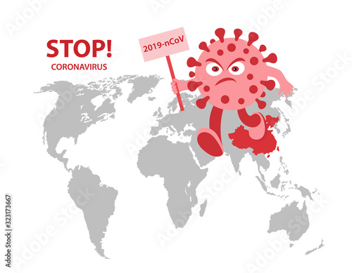 The character of Coronavirus spreads around the world. The concept of stopping of spread the 2019-nCoV. Vector illustration in flat style