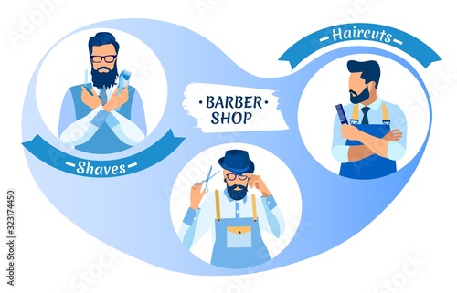 Barber Shop Haircutters Men Characters and Haircut Tools as Straight Razor, Comb, Machine, Scissors. Fashioned Bearded Hipster Avatar Guys, Shaves and Cuts Cartoon Flat Vector Illustration, Banner