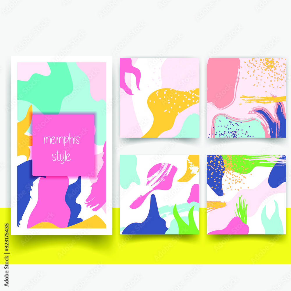 Vector set of abstract memphis style retro background with multicolored pastel simple shapes and copy space frame template design with editable text. for banner.