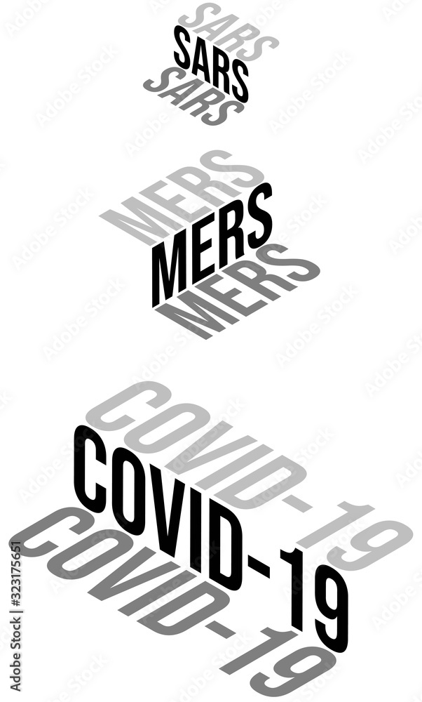 Isometric words SARS - MERS and Covid-19 on a white background vector illustration
