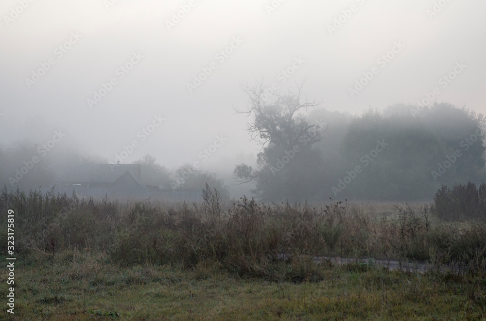 The village on an early foggy morning, a beautiful landscape of the countryside at dawn. The village on an early foggy morning, a beautiful landscape of the countryside at dawn.