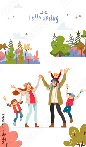Hello Spring card with a big happy family in nature. Big happy family walking at the forest. Mom, dad and three children. The blue sky, the sun, fresh wind. Pleasure from nature and communication