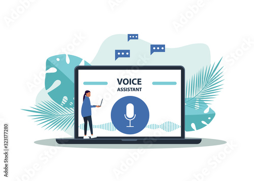 Male character using voice control for his phone. Voice assistent. Isolated vector illustration of voice remote with character and phone. Voice recognition. Vector Voice assistent