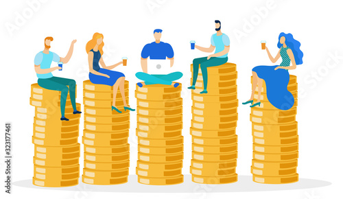 Business Cooperation Flat Cartoon Vector Illustration. Teamwork. Characters Sitting on Money Pile with Coffee or Tea Paper Cups. Man Working on Laptop with Collegues. Coins in Stacks.