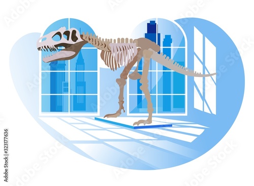 Exhibition Center. Vector Illustratio . Dinosaur in Background Window in Museum. Visit History Exhibition. Watch Exclusive Exhibits. View from Back. Dinosaur Skeleton in Anthropological Museum.