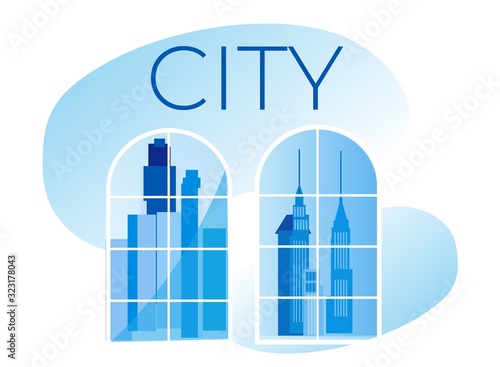 Town Panoramic Skyline Background. Cityscape in Apartments Window View. Urban Landscape with Modern Architecture Buildings, Skyscrapers in Blue Tints. Minimalist Trendy Flat Vector Illustration.