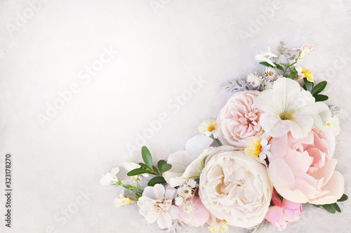Delicate blossoming roses and blooming flowers festive background, pastel and soft bouquet floral card, selective focus, toned