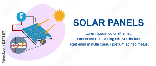 Solar Panels Banner. Electricity from Sunlight Production Process, Solar Energy Power Generation Scheme Vector Illustration. Alternative Energy from Sun Batteries. Green Eco Technology