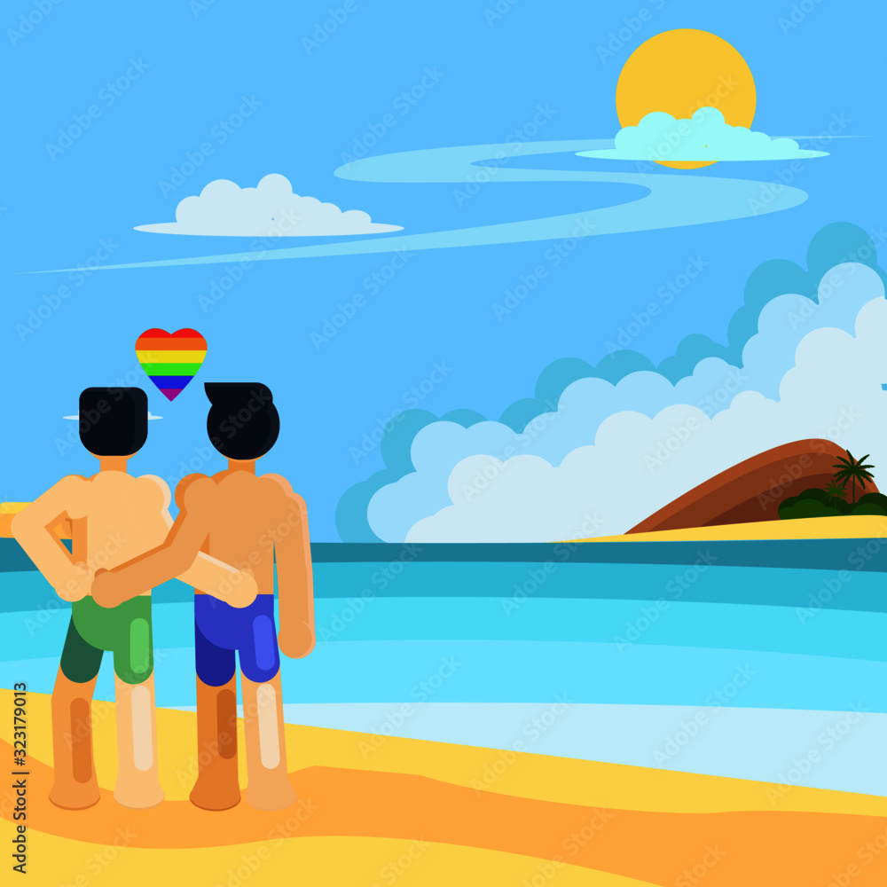 Back view homosexual  couple standing hug on beach in summer,  gay relax  in vacation at sea flat design vector .illustration vector