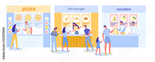 Food Court Restaurants and Cafes in Shopping Mall Interior with Cartoon People Dining Characters. Street Fast Food or Indoor Pizza, Burger and Noodle Cafeteria Counters. Flat Vector Illustration.