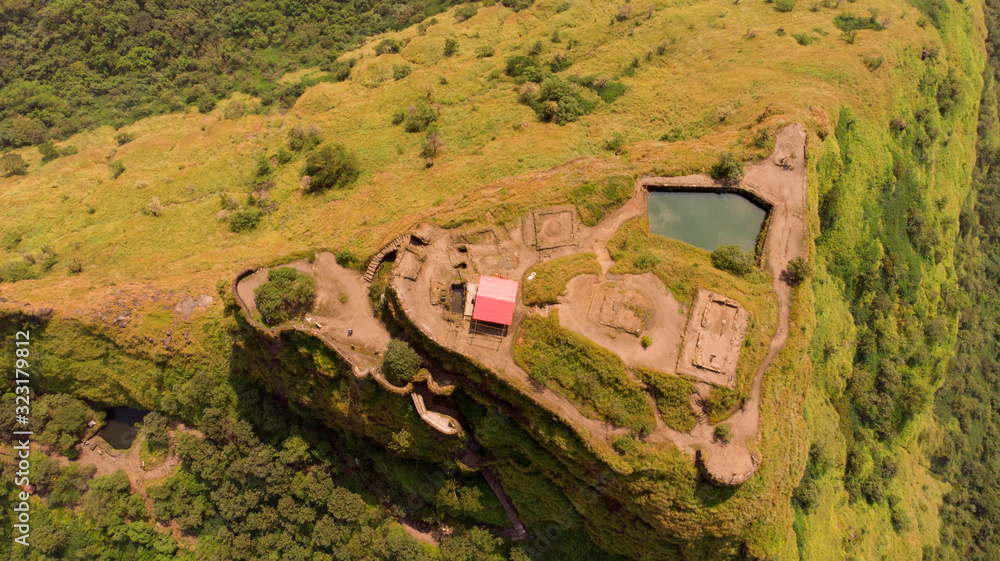 Aerial shot of Tikona Fort, Maharashtra, India Aerial shot of Tikona Fort, Maharashtra, India