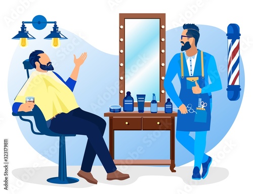 Barber Show Thumb Up to Stylish Client after Haircutting in Beauty Salon Barbershop. Hipster Man Visiting Grooming Place, Interior Design Decoration and Furniture. Cartoon Flat Vector Illustration