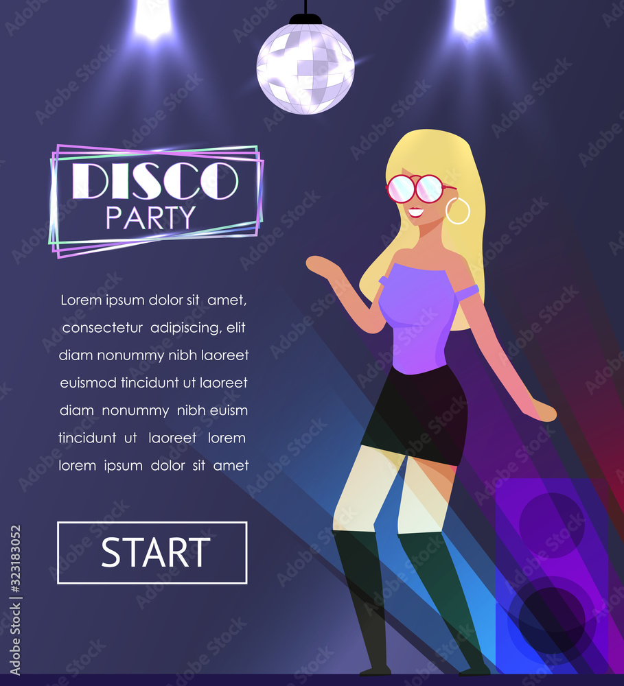 Disco Party Banner with Dancing Pretty Young Blond Woman in Casual Fashion Clothes. Discotheque in Night Club. Invitation Webpage. Presentation Landing Page. Flat Cartoon Vector Illustration