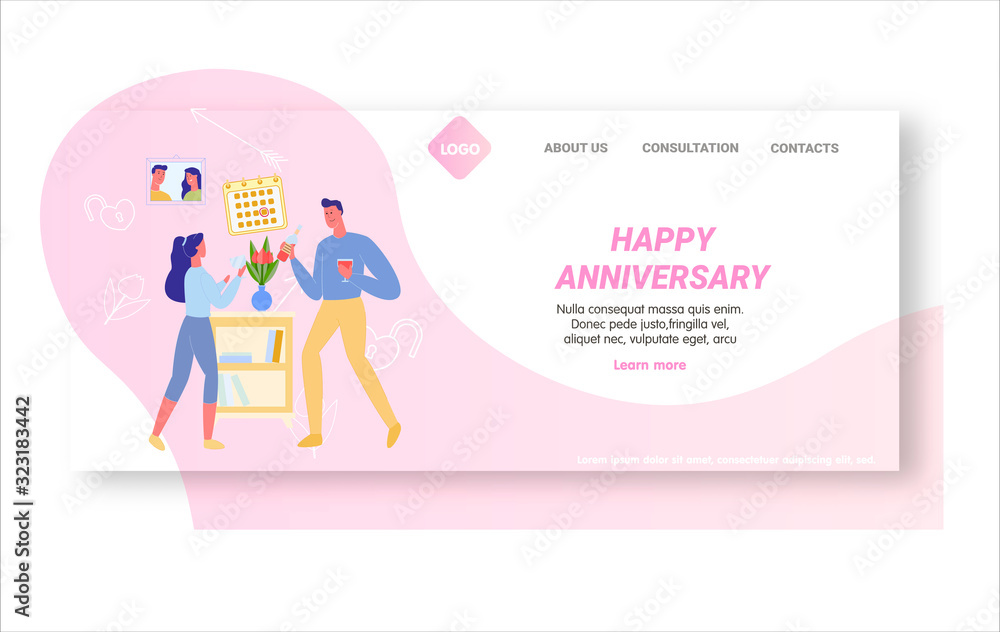 Flat Vector Page Design Template for Creative Event Company. Loving Couple, Celebrating Their Anniversary, with Bottle Red Wine. Vase with Tulips and Happy Smiling Picture Together on Wall.
