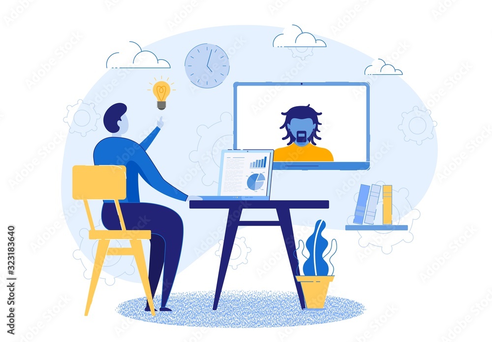 Two Men Communicating and Connecting via Internet Technology, Social Media Chat. Business Communication, Online Conference, Briefing or Training. Networking Opportunity. FLat Vector Illustration.
