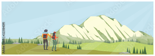 Panoramic vector landscape of young couple at mountain trail, a famous mountain in America, tree, forest flower.Mt. Rainier National Park, USA.u,Spring summer adventure or people activities concept.  