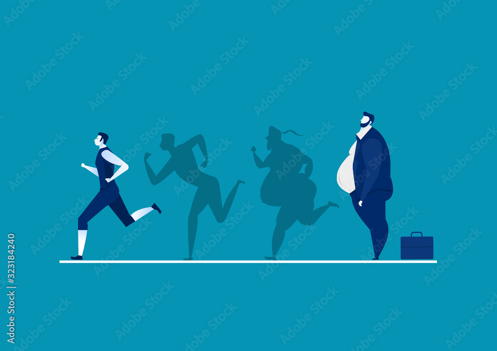 man fat turning into silhouette Thin for health on blue background graphic man fat turning into silhouette Thin for health on blue background graphic