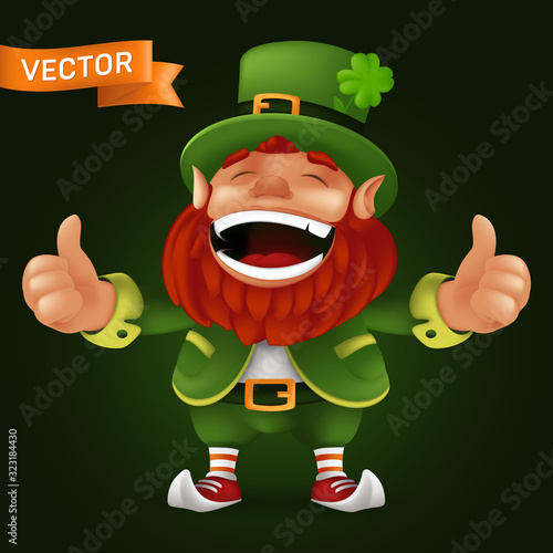 Cute cartoon Leprechaun character laughing and giving thumbs up to Happy Saint Patrick's Day celebration. Vector illustration of Irish folklore fulfilling wishes dwarf mascot with brown beard and hat