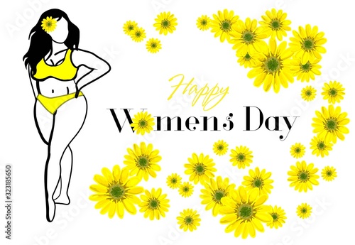 HAPPY WOMEN'S DAY. Girl on a background of yellow greetings. Vector illustration on a white background. Brunette in a swimsuit..