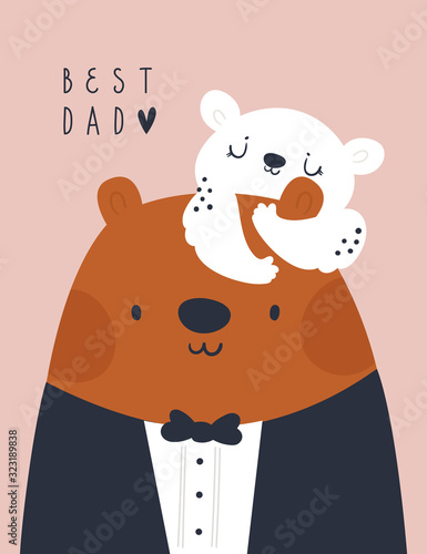 Childish print with cute bear family. Best dad celebration. Trendy kids vector print. Ideal for creating posters, cards, prints, digital paper, kids clothing, nursery prints and kids room decor