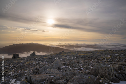 Welsh mountain sunrise view over Snowdonia in North Wales