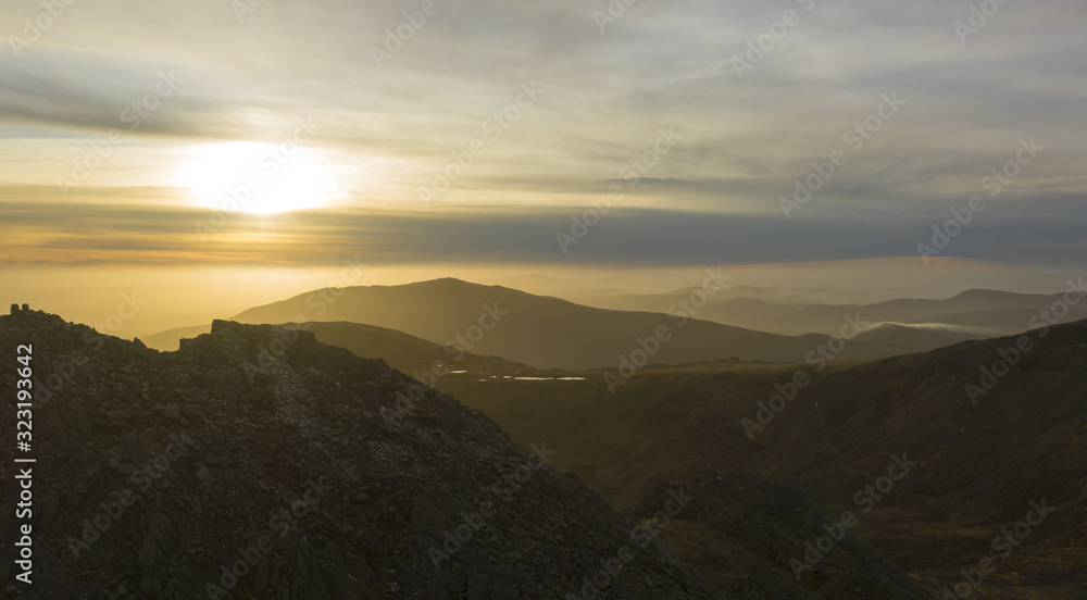 Snowdonia sunrise view of Tryfan mountain and the Welsh countryside
