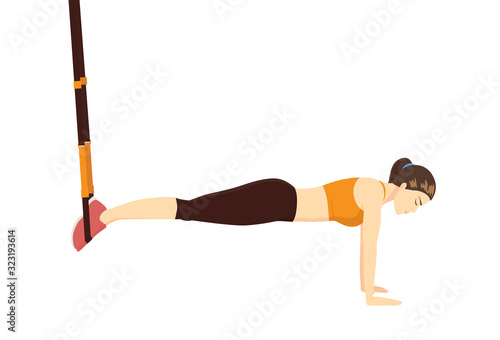 oman doing plank exercise with TRX or what Straps with handles. Illustration about workout with equipment.