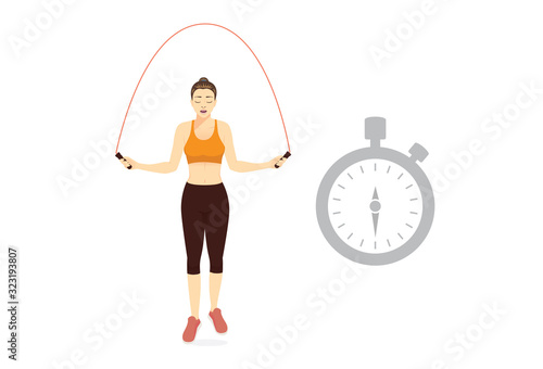 Woman while jump Skipping Rope with stopclock symbol over her head. Illustration about best time and countdown to cardio workout.