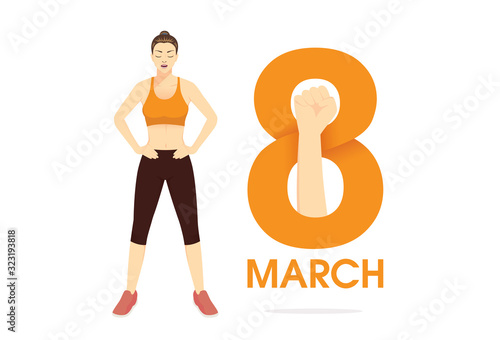 Logo 8 march with raised arm fist and healthy woman standing with arms akimbo side of number. Illustration about International Women's Day and strong power.
