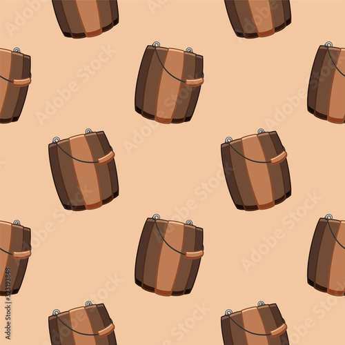Cartoon style wooden buckets for bathhouse seamless pattern on beige background