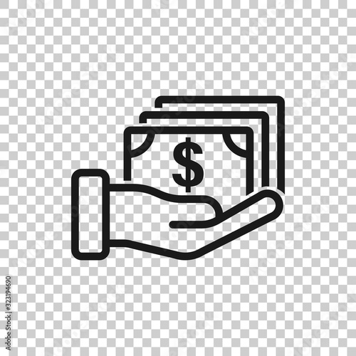 Remuneration icon in flat style. Money in hand vector illustration on white isolated background. Banknote payroll business concept.