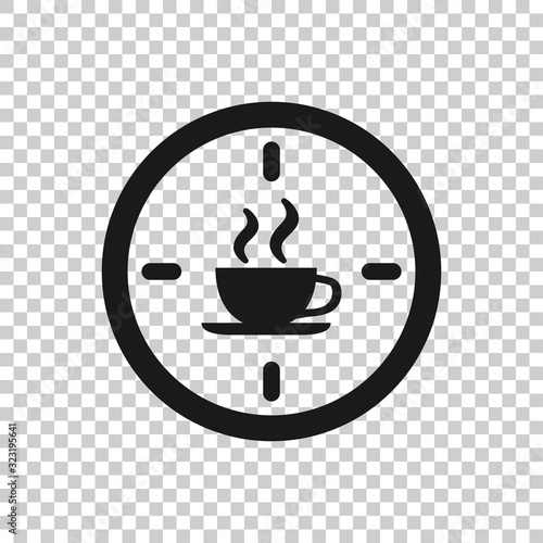 Coffee break icon in flat style. Clock with tea cup vector illustration on white isolated background. Breakfast time business concept.