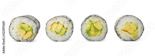 Delicious sushi rolls with avocado on white background