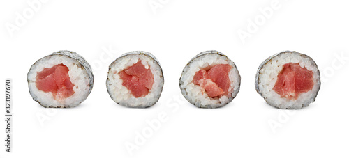 Delicious sushi rolls with tuna on white background