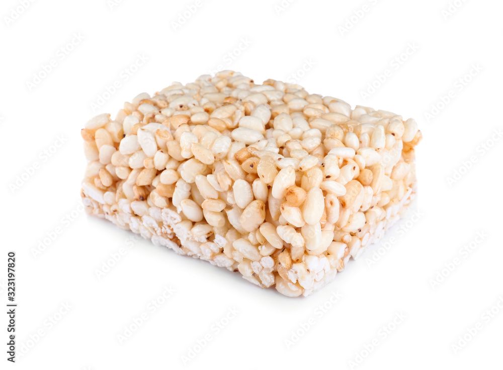 Bar of delicious rice crispy treat isolated on white Bar of delicious rice crispy treat isolated on white