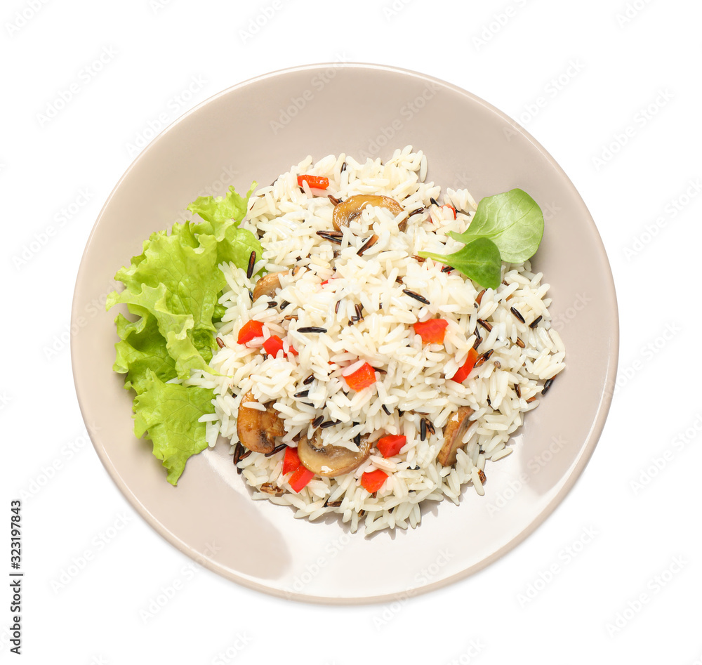 Delicious rice pilaf with mushrooms isolated on white, top view Delicious rice pilaf with mushrooms isolated on white, top view