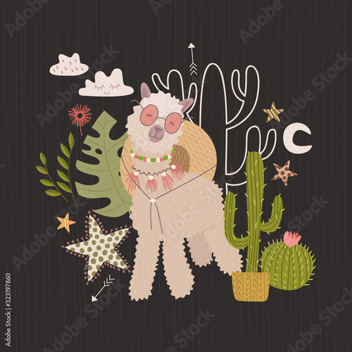 Composition with alpaca and cacti. flowers and plants. Vector graphics
