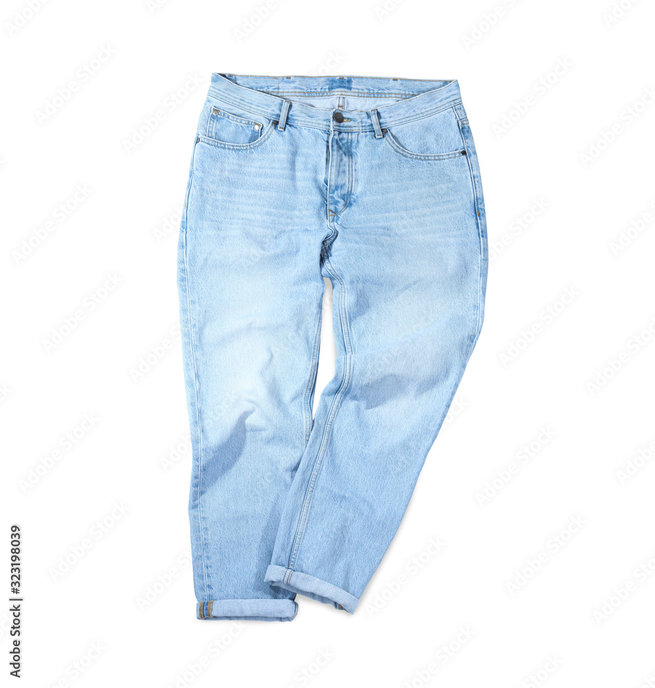 New stylish jeans isolated on white, top view New stylish jeans isolated on white, top view