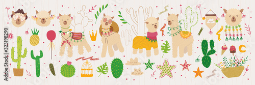 Composition with alpaca and cacti. flowers and plants. Vector graphics