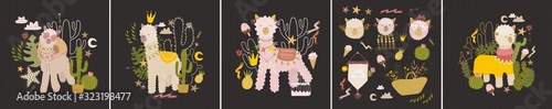 Composition with alpaca and cacti. flowers and plants. Vector graphics