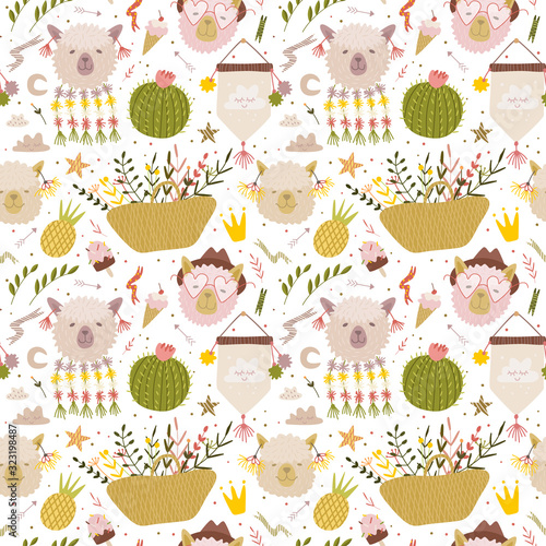 Composition with alpaca and cacti. flowers and plants. Vector graphics