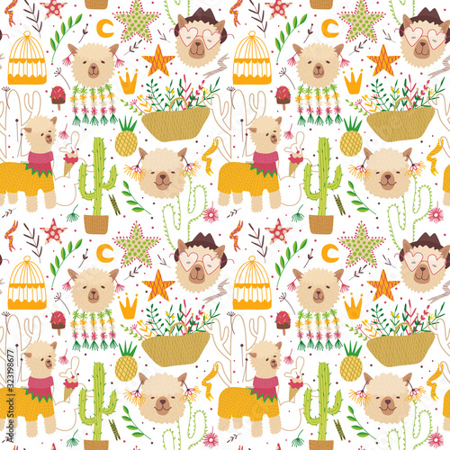 Composition with alpaca and cacti. flowers and plants. Vector graphics
