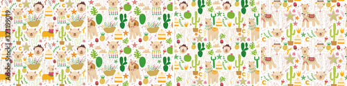 Composition with alpaca and cacti. flowers and plants. Vector graphics