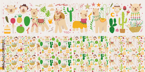 Composition with alpaca and cacti. flowers and plants. Vector graphics